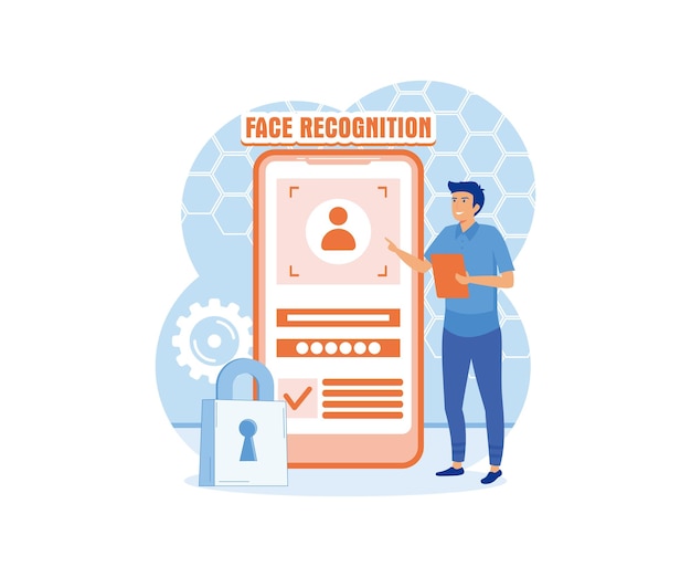 Man standing with a phone identifies a face Concept of facial recognition face ID system biometric identification flat vector modern illustration