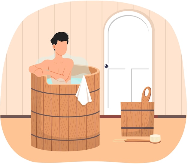 Vector man standing in wooden tub bathhouse at home interior design guy in barrel is resting in sauna male character is relaxing in hot steam person is bathing with hot or cold water and body brush