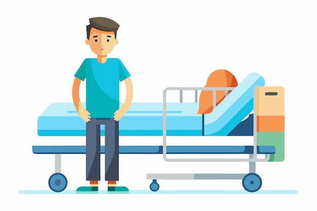 Vector a man stands next to an adjustable medical bed in a simple healthcare environment looking thoughtful man in medical bed vector flat minimalistic isolated illustration