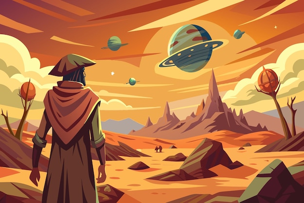 A man stands in a desert with a large planet in the background