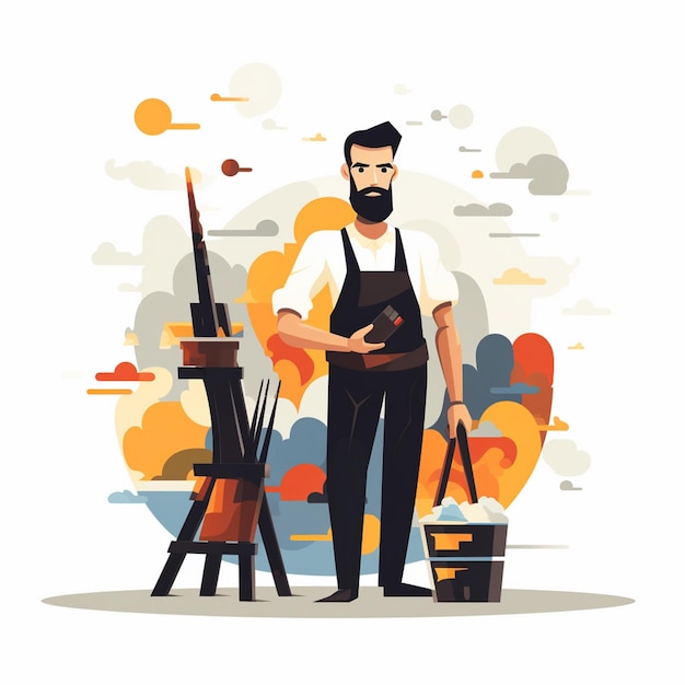 Vector a man stands in front of a fire with a picture of a man painting on it