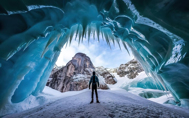 Vector a man stands in front of an ice cave that has icebergs on it