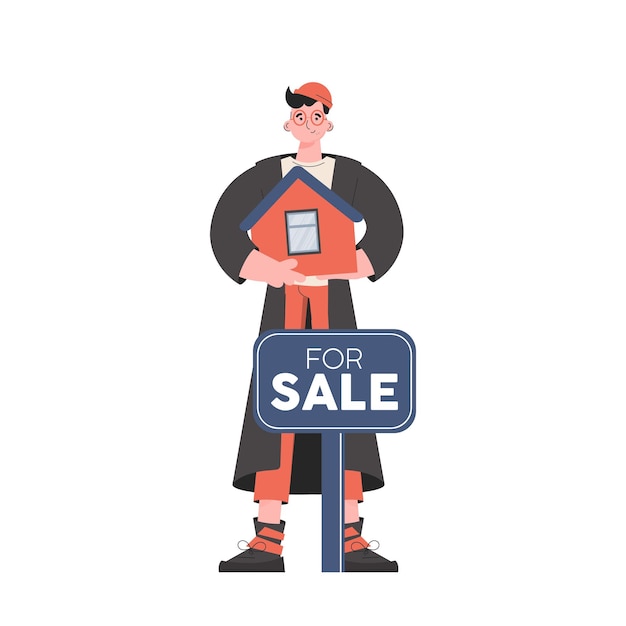 Vector a man stands in full growth is engaged in the sale of real estate isolated flat style element for presentations sites vector illustration