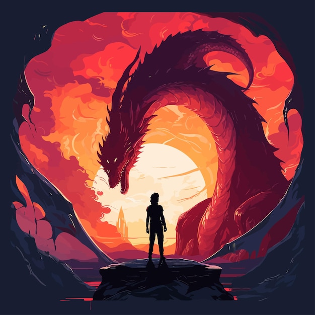 Vector man_stands_in_front_of_huge_dragon_fantasy_world