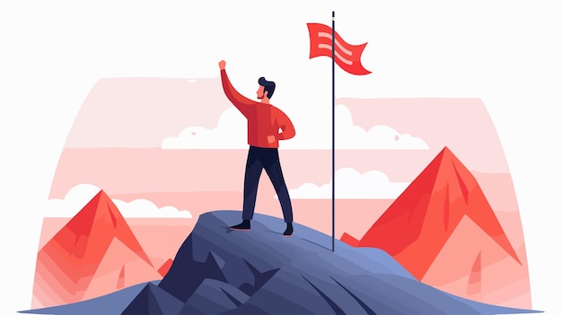 a man stands on a mountain with a flag and a red flag