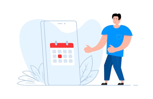 A man stands near the smartphone on the screen calendar with important deadline date Planning app