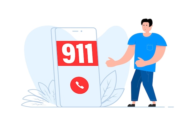 A man stands near the smartphone on the screen Emergency Telephone Call 911