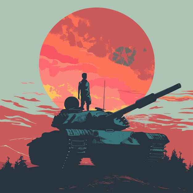 Vector a man stands on a tank with a red moon behind him