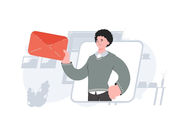 Vector a man stands waistdeep and holds an envelope in his hands communications element for presentations sites