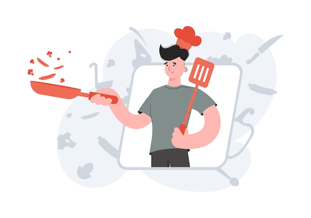 Vector a man stands waistdeep and holds a frying pan and a spatula cafe element for presentations sites