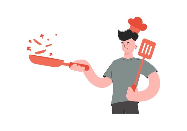 A man stands waistdeep and holds a frying pan and a spatula Isolated Element for presentations sites