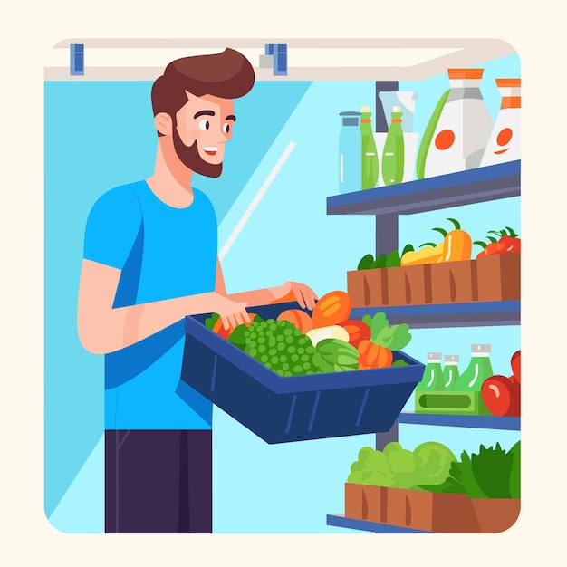 Man stocking refrigerator shelves healthy fresh produce Young adult beard smiling