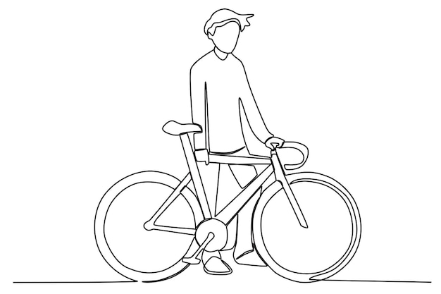 A man stood holding his bicycle World bicycle day oneline drawing