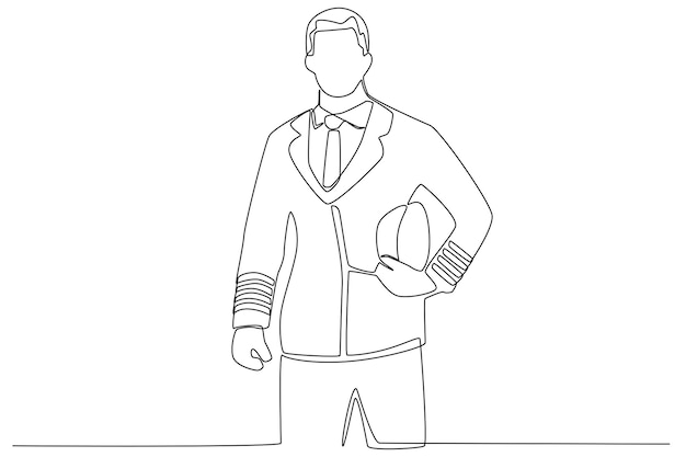 A man stood tall holding a hat around his waist Pilot and plane oneline drawing