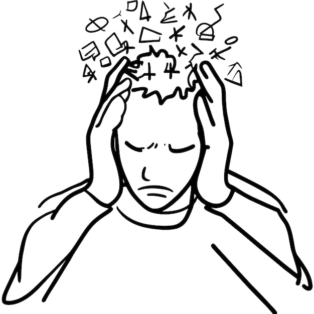 man stressed out with scribbles all in his head vector illustration line art