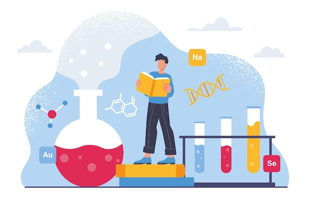 Man studying chemistry concept Young guy with book near flasks with colorful reagents Student in laboratory doing test Education learning and training Cartoon flat vector illustration