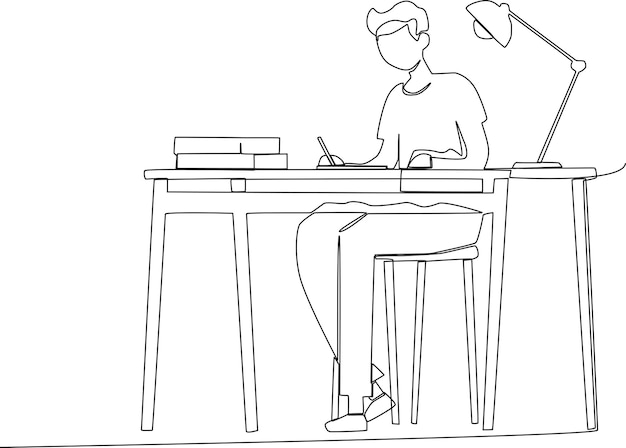 A man studying with books on his desk line art