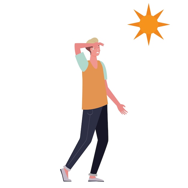 Man suffering from headache from heat and sweaty dehydration from strong sunlight in flat design