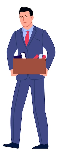 Man in suit carrying box with stuff Job quitting concept