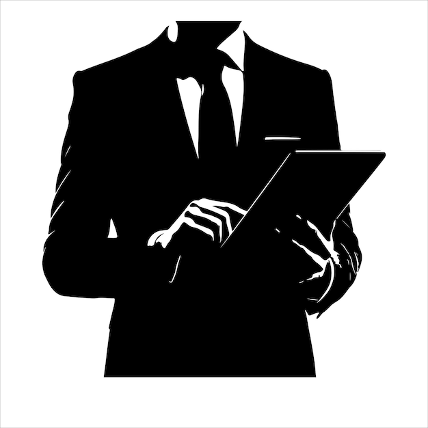 A man in a suit is holding a tablet Business man stand with tablet vector silhouette