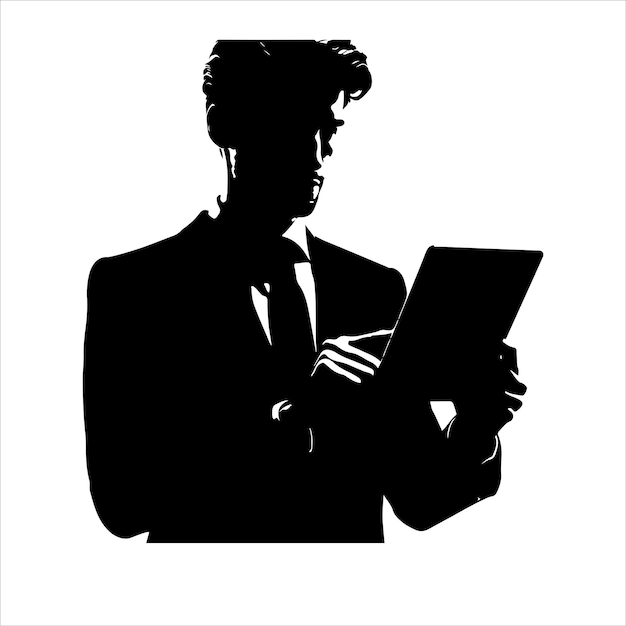 A man in a suit is holding a tablet Business man stand with tablet vector silhouette