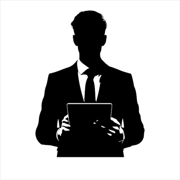 A man in a suit is holding a tablet Business man stand with tablet vector silhouette