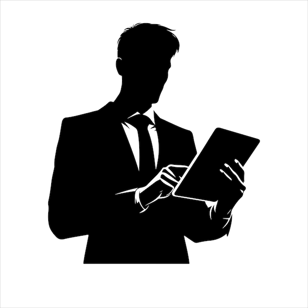 A man in a suit is holding a tablet Businessman stands with tablet vector silhouette