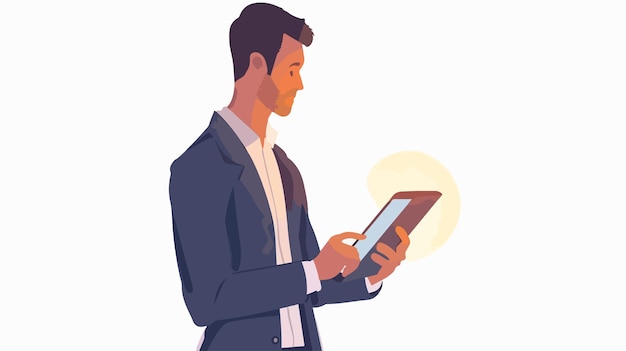 Vector a man in a suit is holding a tablet and a picture of a man holding a tablet