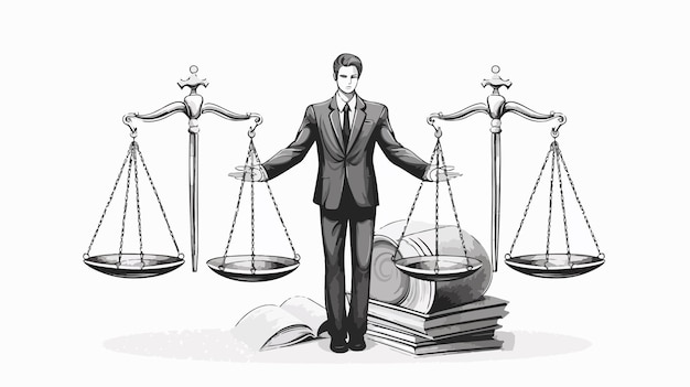 Vector a man in a suit stands with a stack of scales with the words  the word justice  on it