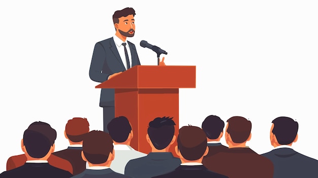 a man in a suit and tie is giving a speech in front of a crowd of people