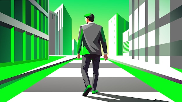 a man in a suit walks down a street with a green background