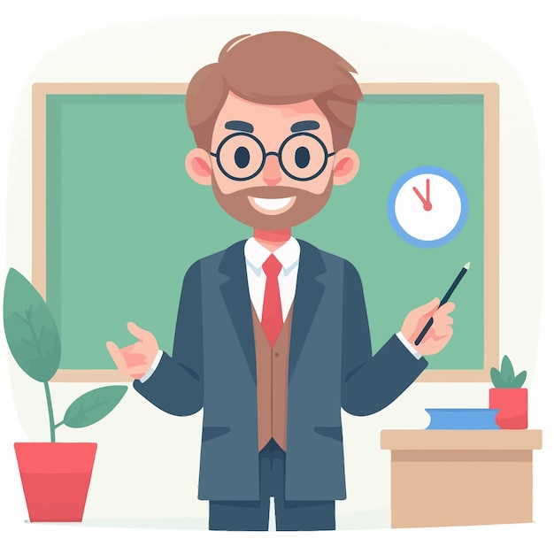 Vector a man in a suit with a pencil in his hand is standing in front of a green board with a clock on it