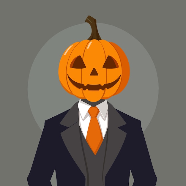 a man in a suit with a pumpkin on his head