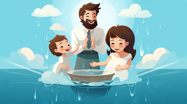 Vector a man in a suit with two children in a pool of water