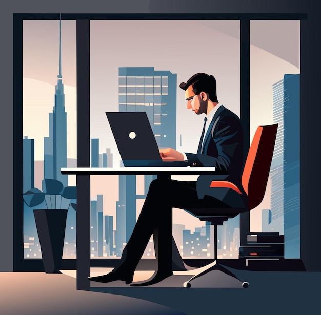 Man in Suit Working on Modern Laptop with City Skyline View