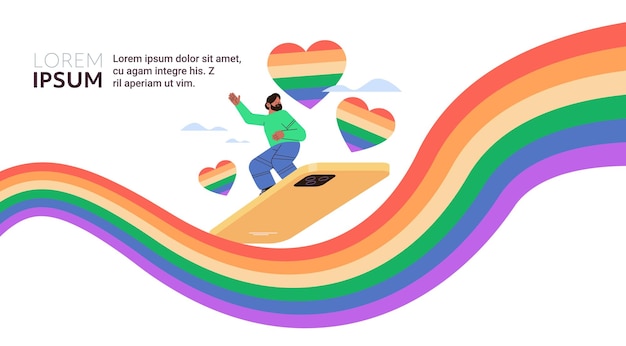 man surfing on smartphone with lgbt rainbow flag on screen gay lesbian love parade pride festival transgender love concept copy space horizontal vector illustration