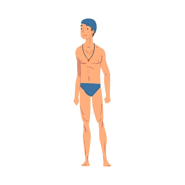 Man swimmer male athlete character in shorts and cap vector illustration on white background