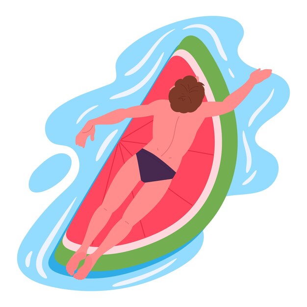 Vector man swimming on inflatable mattress guy swimming on watermelon shaped inflatable toy in swimming pool or sea flat vector illustration male character relaxing on melon rubber mattress