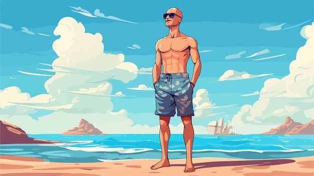 Vector a man in a swimsuit stands on a beach with a beach and ocean in the background