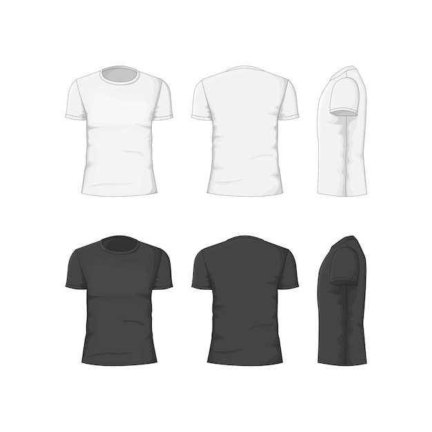 Man T-shirt White and Black Cotton Clothing Front, Back and Side View.