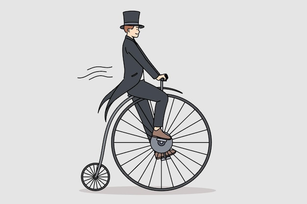 Vector man in tailcoat rides vintage penny farthing bicycle imagining time travel to last century