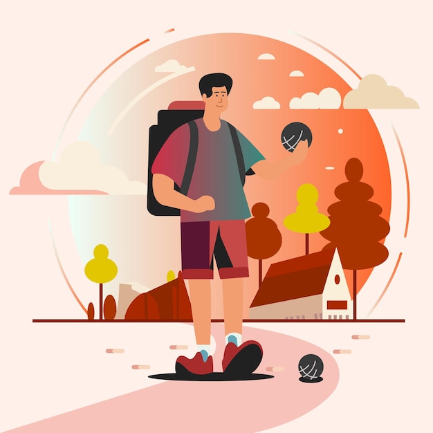 Vector a man taking a hike with a backpack in a colorful gradient background while holding a ball