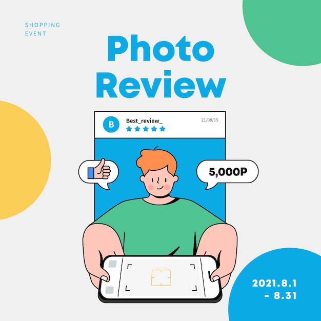 Man taking photo with smartphone photo review promotion shopping event vector illustration