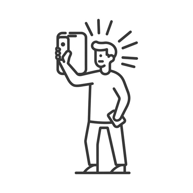 man taking selfie photo on smartphone in minimalist line art icon logo symbol