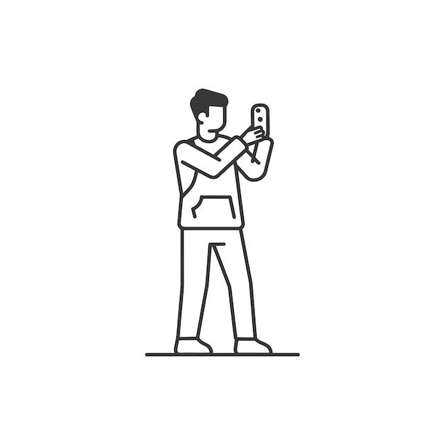 man taking selfie photo on smartphone in minimalist line art icon logo symbol