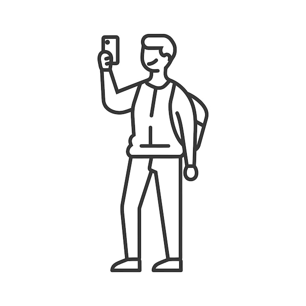 man taking selfie photo on smartphone in minimalist line art icon logo symbol