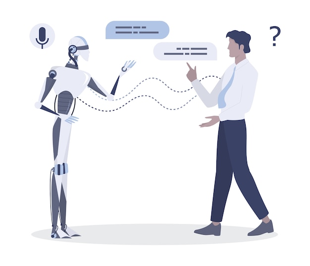 Vector man talking to robot. conversation between man and artificial intelligence. chatbot and technical support concept.  illustration 