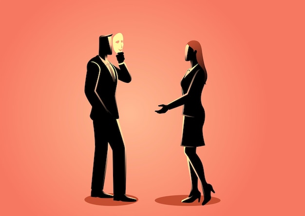 Man talking with a woman by wearing a mask, dissemblance, pretend, falsity concept