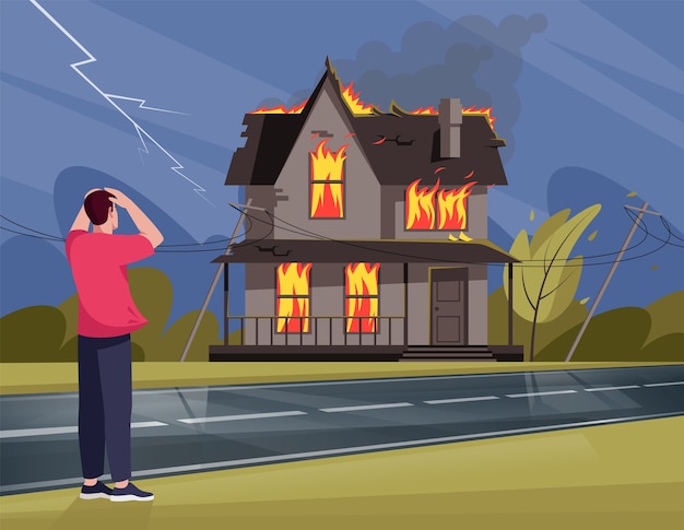 Man terrified by fire in Residential house semi   illustration