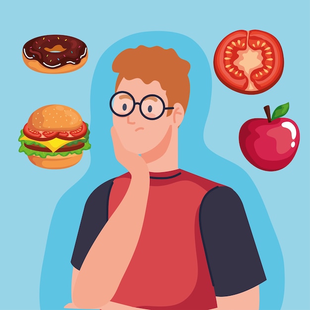 Man thinking about fast food design, unhealthy eat and restaurant theme.